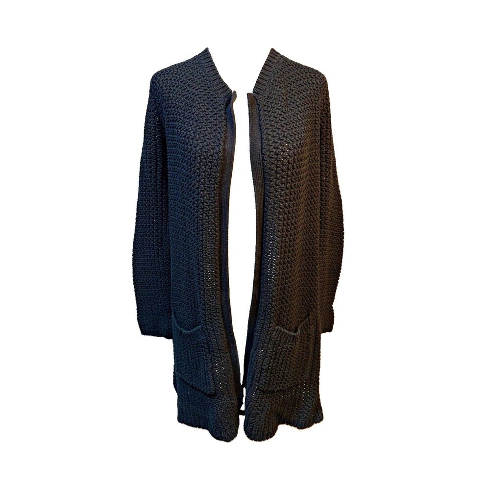 Lucky Brand Black Cotton Knit Open Front Cardigan Sweater w/ Pockets Size M